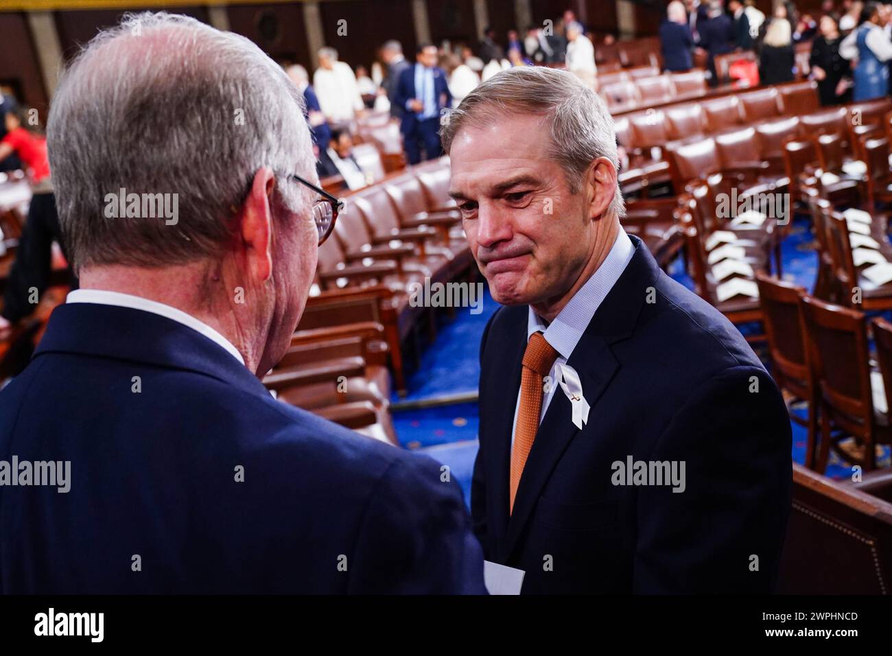 Washington, United States. 07th Mar, 2024. Rep. Jim Jordan, R-OH, talks to a colleague as he waits for President Joe Biden to deliver the annual State of the Union speech to a joint session of Congress at the U.S. Capitol in Washington DC on Thursday, March 7, 2024. Pool photo by Shawn Thew/UPI Credit: UPI/Alamy Live News Stock Photo