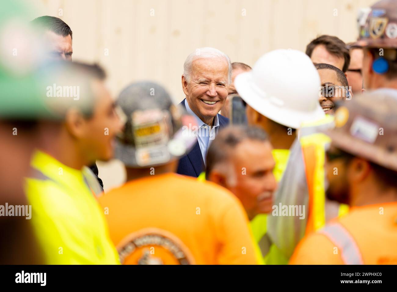 President Joe Biden speaks about infrastructure at a new train station, under construction at the Veterans Administration Hospital in Los Angeles. Stock Photo
