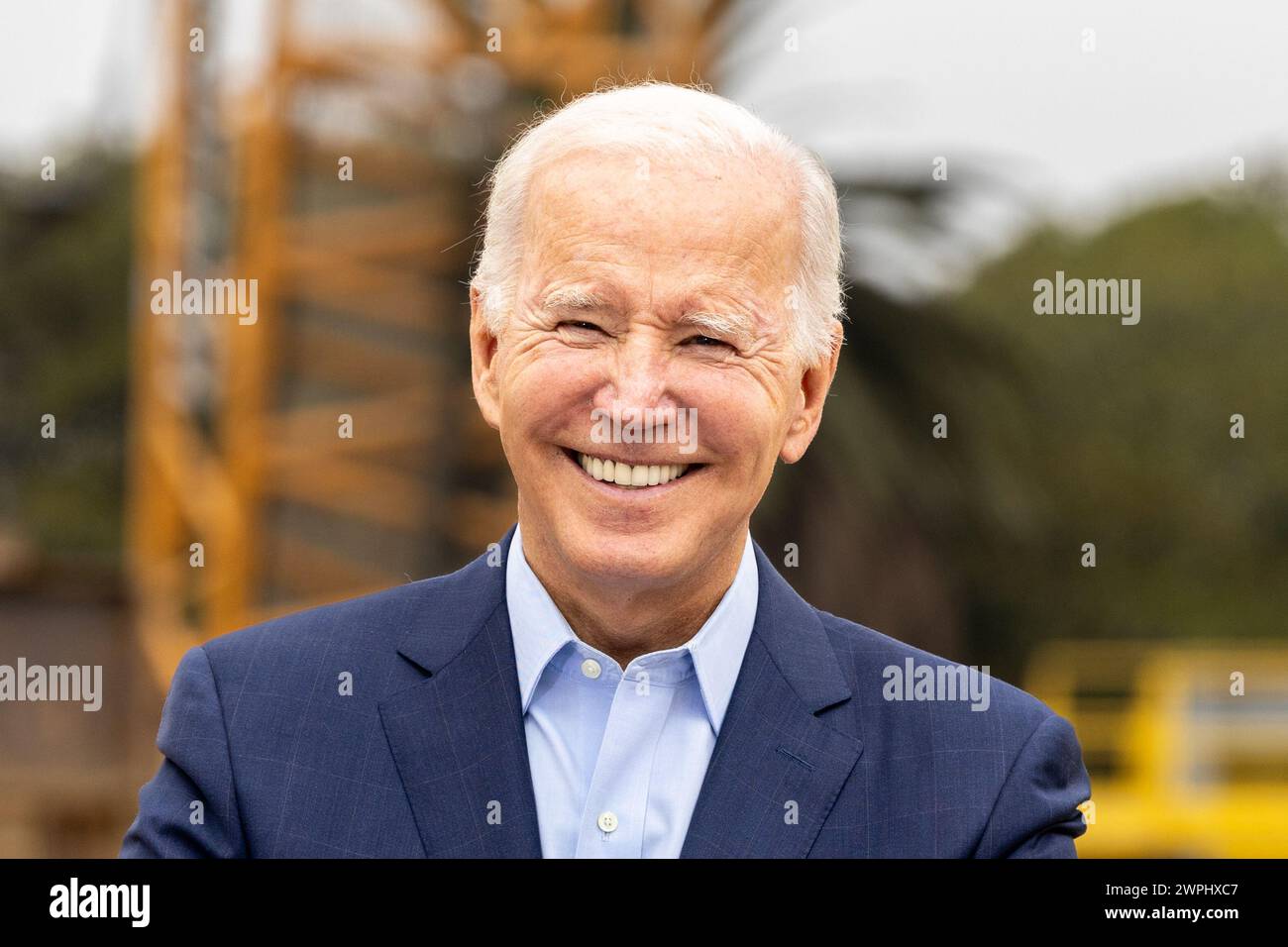 President Joe Biden speaks about infrastructure at a new train station, under construction at the Veterans Administration Hospital in Los Angeles. Stock Photo