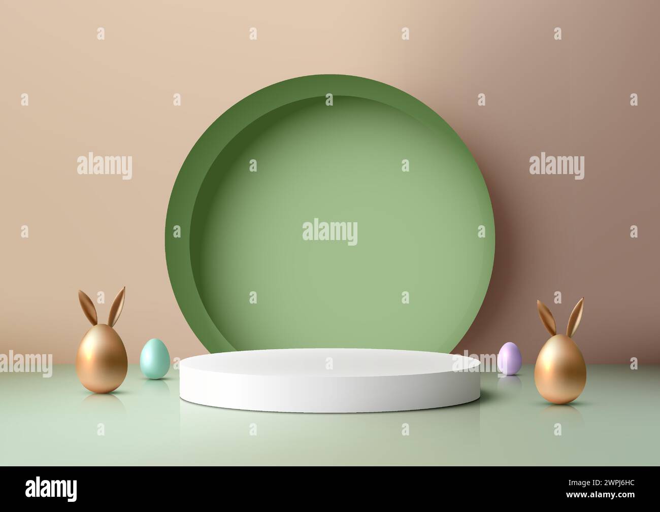 Showcase product festive Easter scene. Featuring a golden Easter egg with bunny ears on a modern white podium, 3D mockup is perfect for marketing and Stock Vector