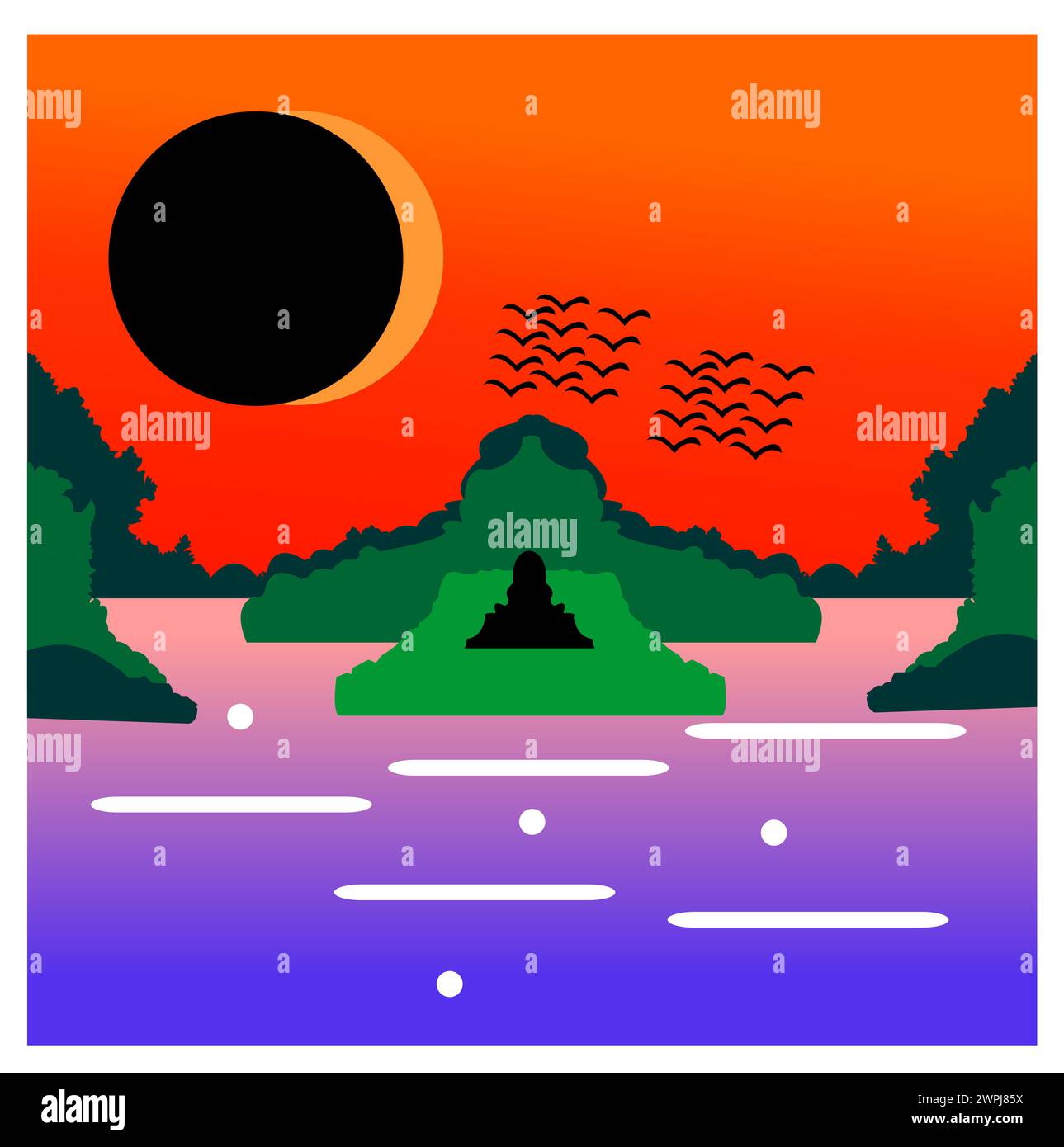 Landscape with mountains and river. Vector illustration in flat style ...