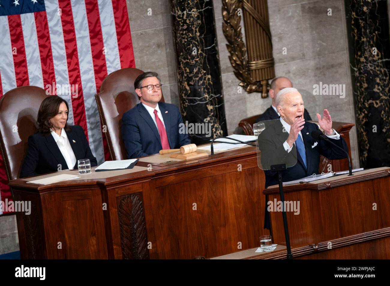 Washington, United States. 07th Mar, 2024. President Joe Biden delivers the annual State of the Union speech to a joint session of Congress at the U.S. Capitol in Washington DC on Thursday, March 7, 2024. Photo by Bonnie Cash/UPI Credit: UPI/Alamy Live News Stock Photo