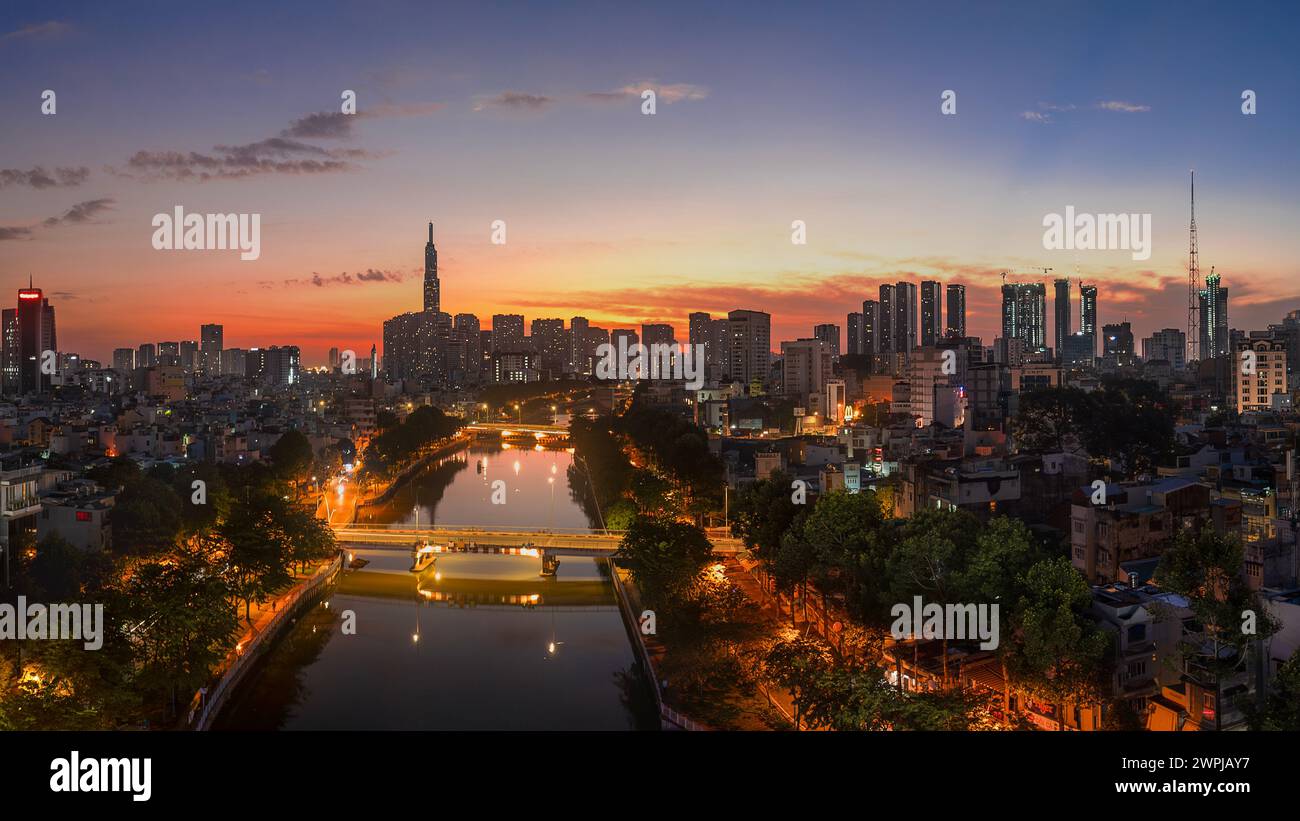 December 17, 2023: Panorama of District 1, Ho Chi Minh City, Vietnam in the early morning Stock Photo