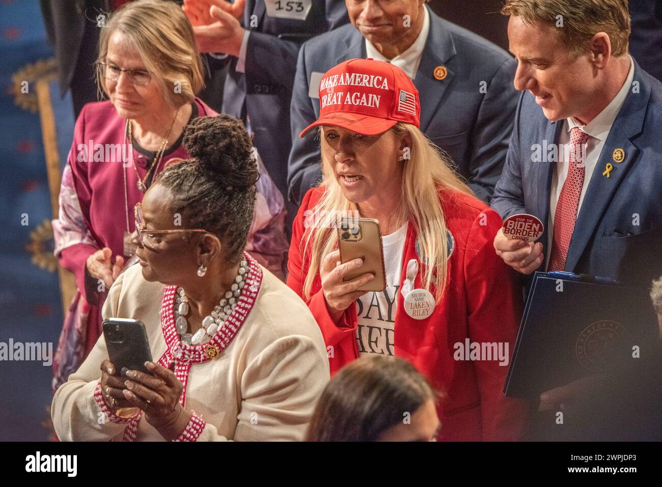 Washington DC, March 7, 2024, USA:  Rep Majorie Taylor Greene, R-GA attends the State of the Union where she handed the President a protest button. Pr Stock Photo