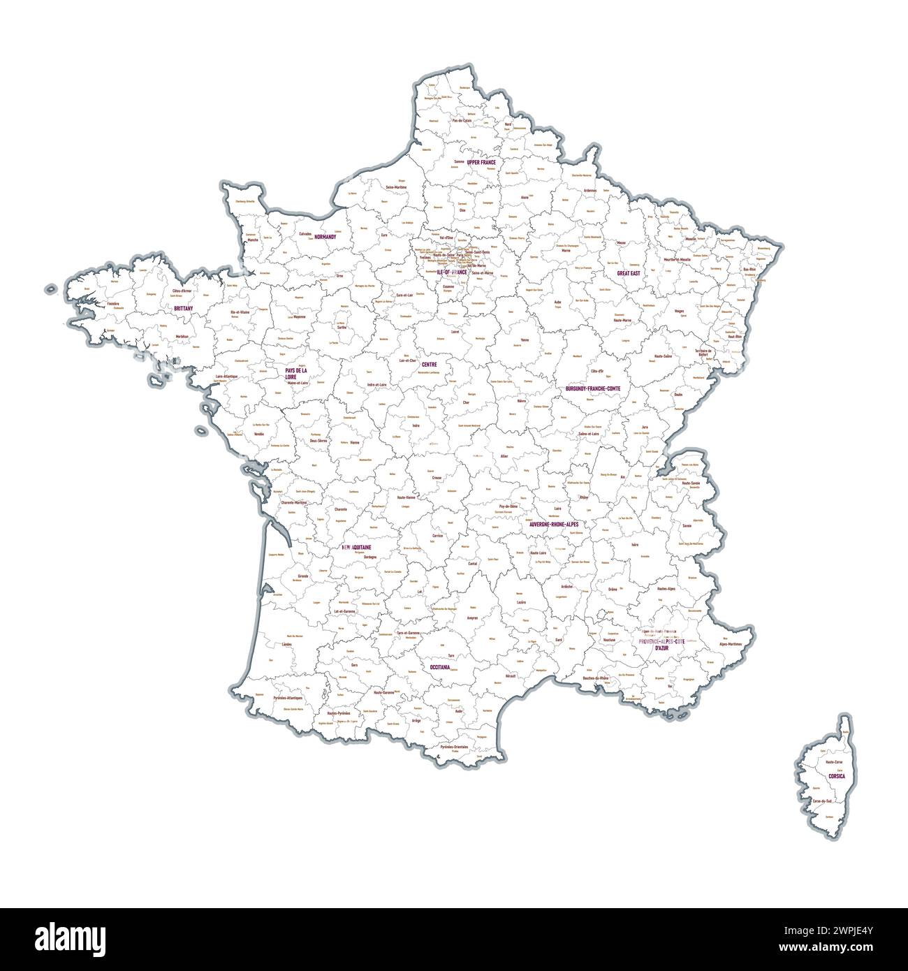 Administrative outline map of France showing regions, provinces Stock ...