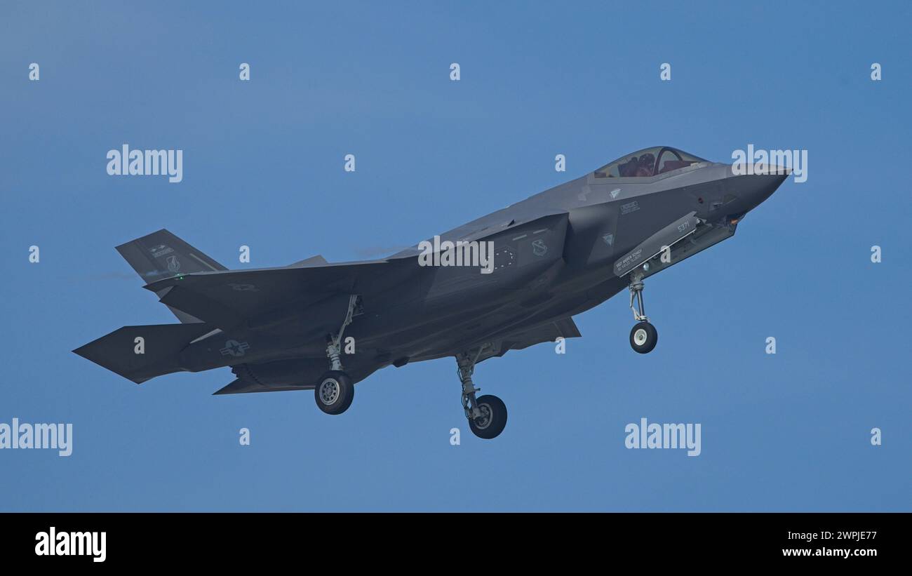 SINGAPORE - MARCH 6, 2024: USAF F-35A Lightning II stealth fighters of 356th Expeditionary Fighter Squadron (Green Demons) Stock Photo