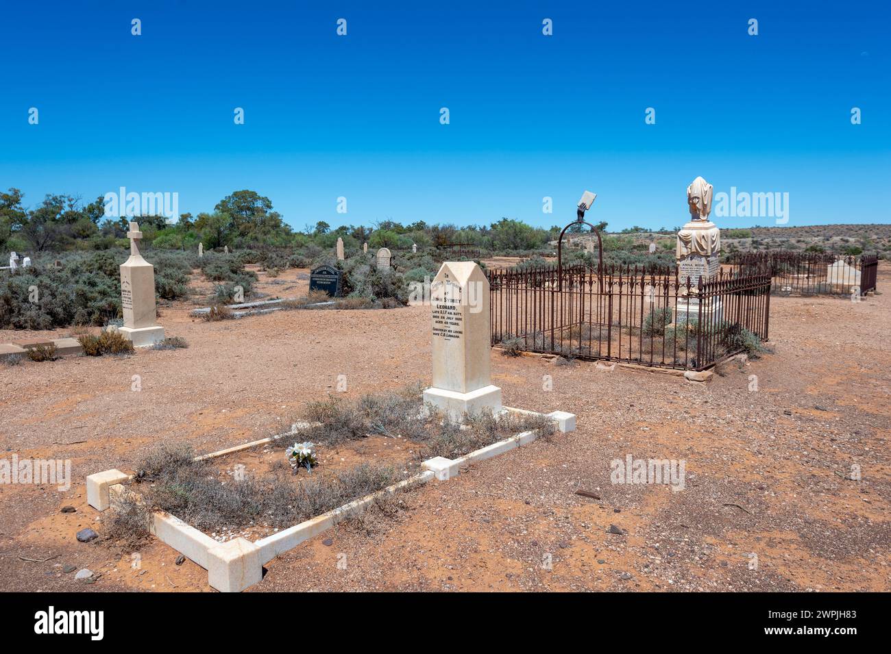 Graves in the old Outback cemetery, Beltana Historic Township, South Australia, SA, Australia Stock Photo