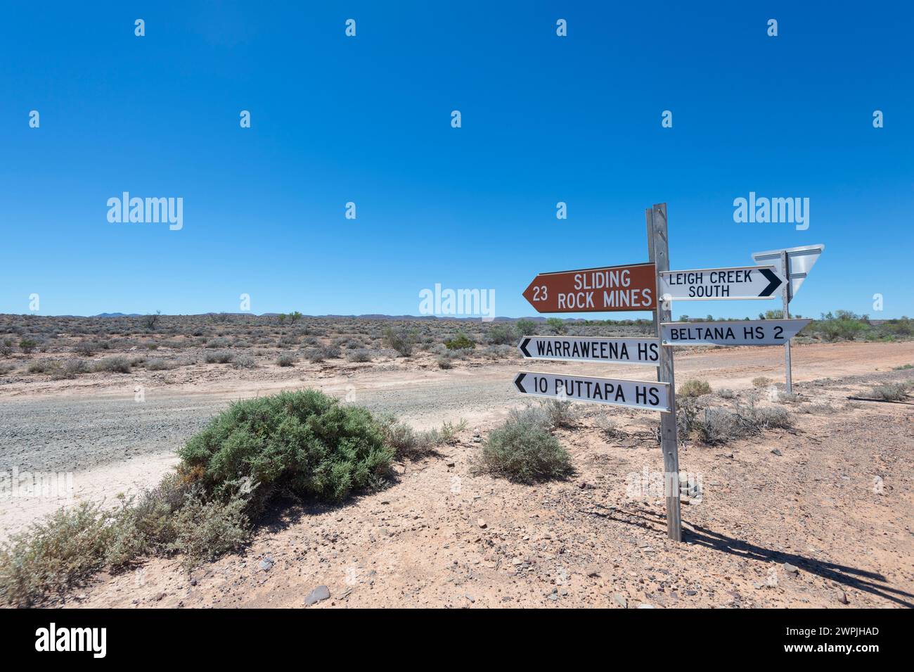 Road signs with destination and distances along the Strzelecki Track, South Australia, SA, Australia Stock Photo