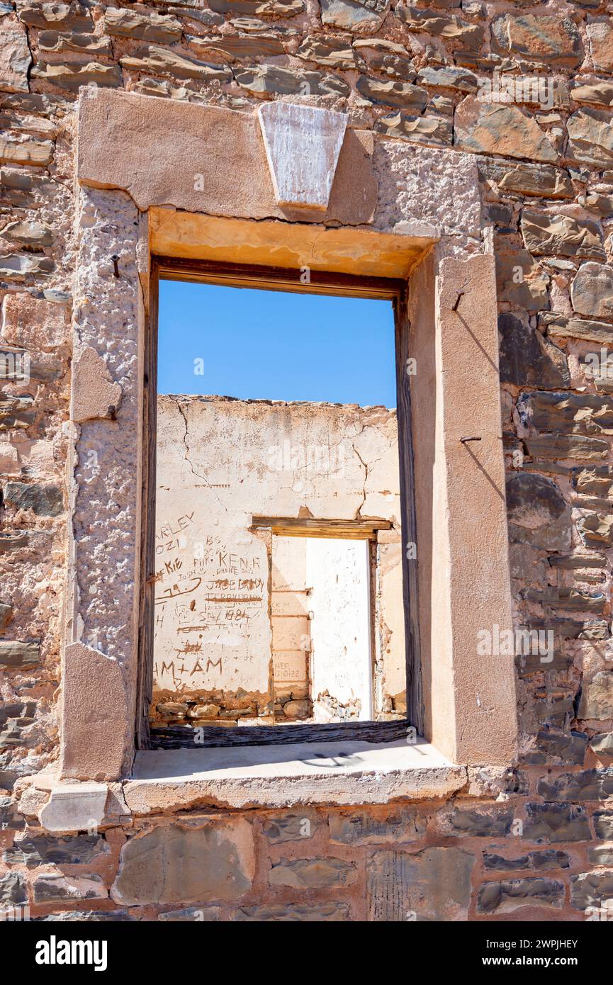 Window frame in a ruined cottage, Beltana Historic Township, South Australia, SA, Australia Stock Photo