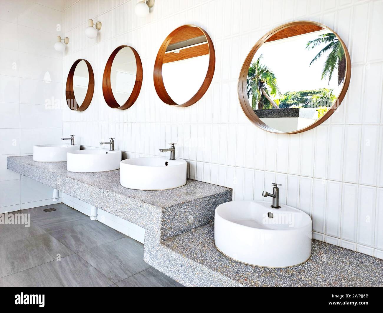 outdoor toilet design round mirror on ceramic wall white wash basin on ...