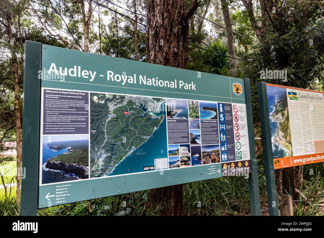 Audley village in the Royal National Park near Cronulla in Sydney, visitor information board sign with maps and places of interest,NSW,Australia Stock Photo