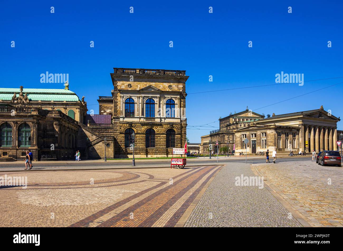Ticket sales stand and stop for sightseeing tours on Sophienstrasse in front of Zwinger Palace, Inner Old Town, Dresden, Saxony, Germany. Stock Photo