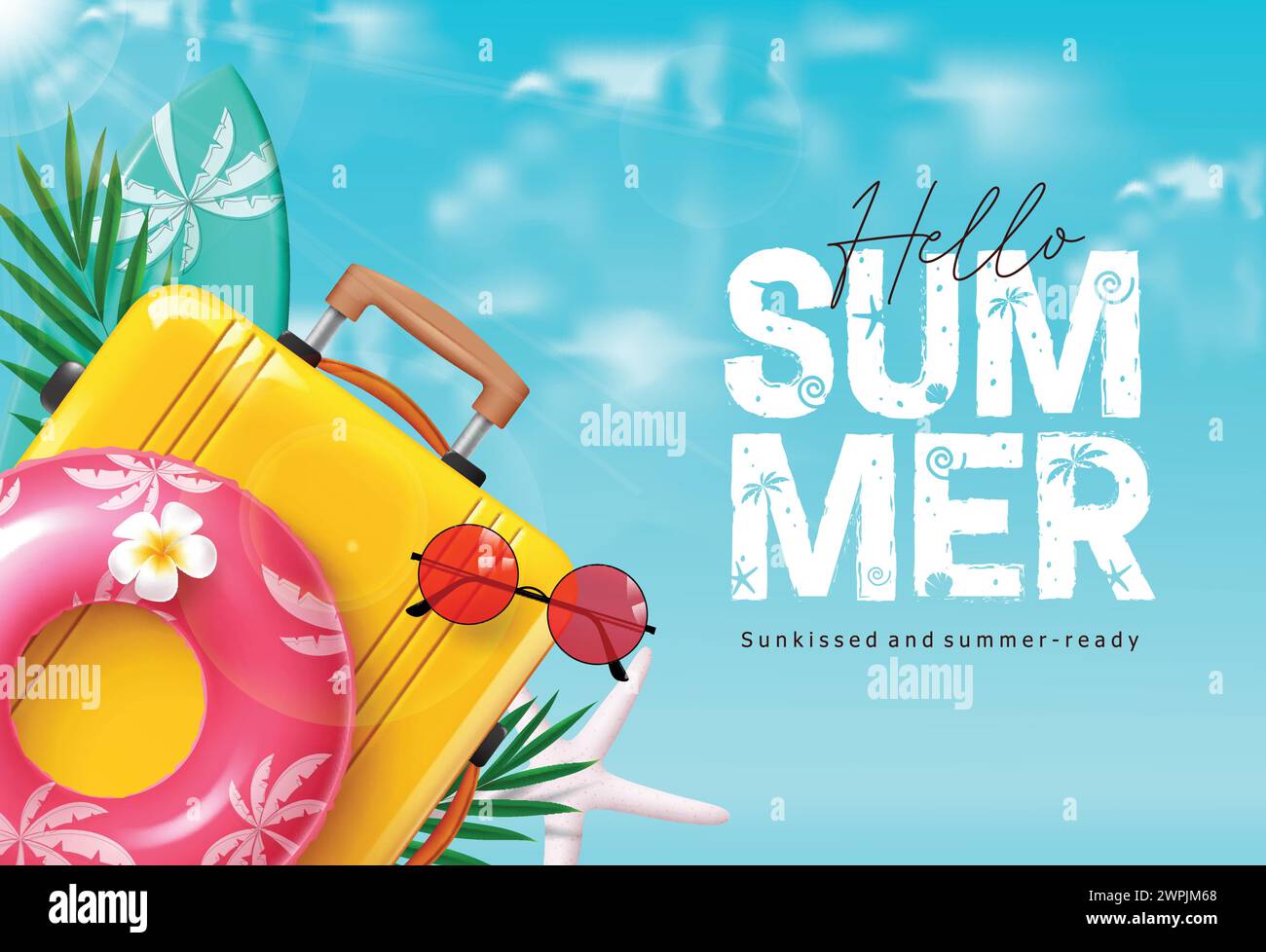 Summer hello greeting vector design. Hello summer greeting text with luggage yellow bag, floaters, sunglasses and surfboard elements for tropical Stock Vector