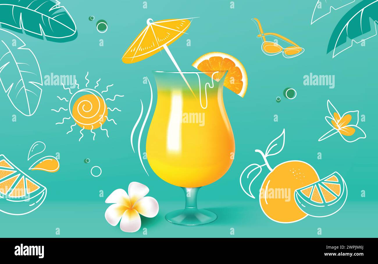 Summer juice drink vector design. Summer tropical lemon and orange fruit flavor in glass beverage for season refreshment drink promotion. Vector Stock Vector