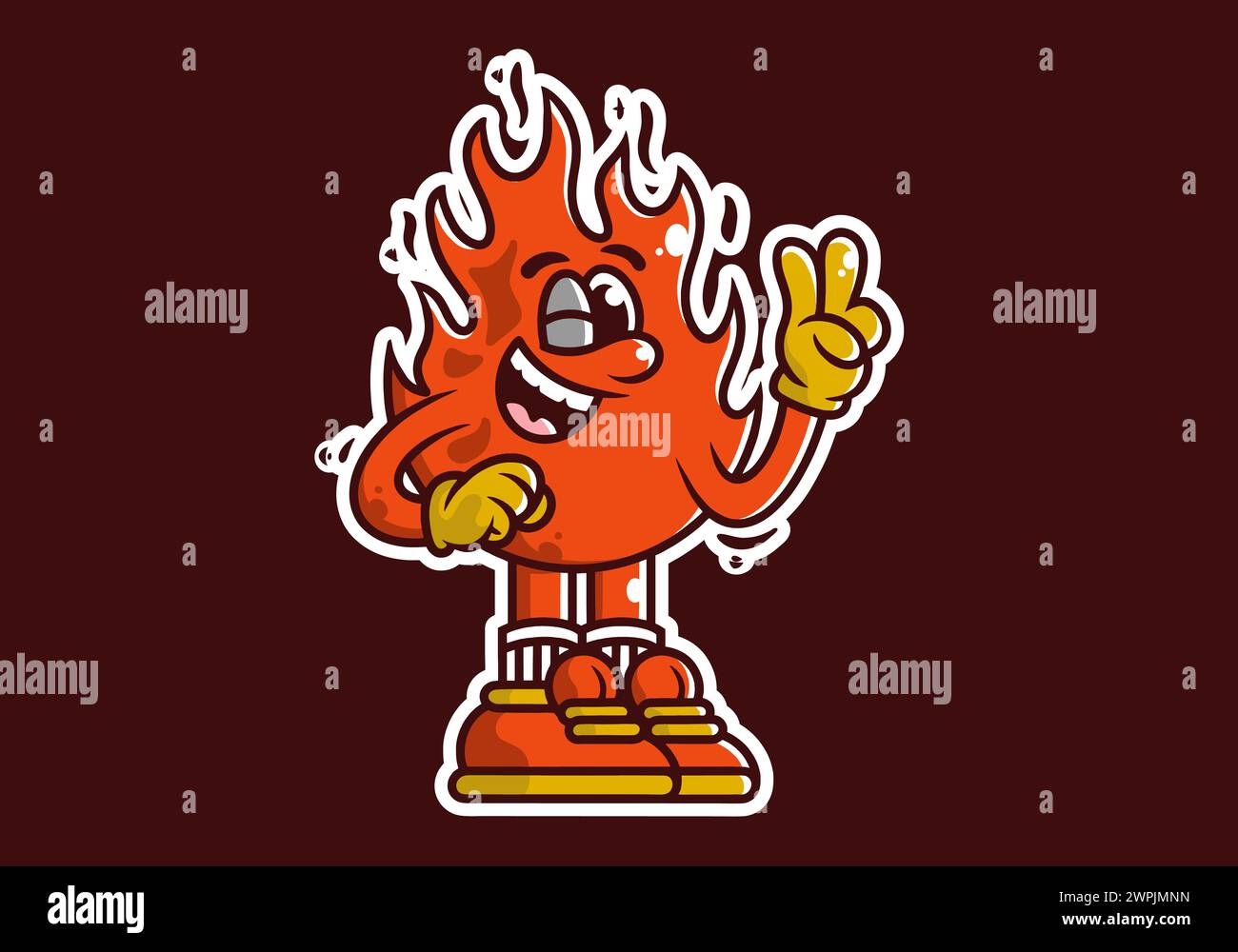 Mascot character illustration of a fire flame with hands forming a symbol of peace. Red colors Stock Vector