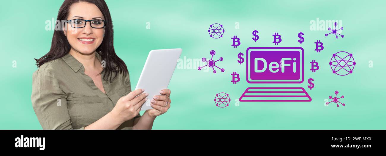 Woman using digital tablet with defi concept on background Stock Photo