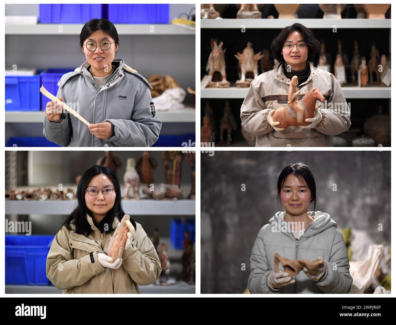 Xi'an. 5th Mar, 2024. This combo photo taken on March 5, 2024 shows female archaeologists Wang Hongying (above, L), Wang Xiaojuan (above, R), Zhang Jiayang (below, L) and Guo Jie posing for photos in Xianyang in northwest China's Shaanxi Province. TO GO WITH 'China Focus: Archaeological study in China sees surge in female participation' Credit: Li Yibo/Xinhua/Alamy Live News Stock Photo