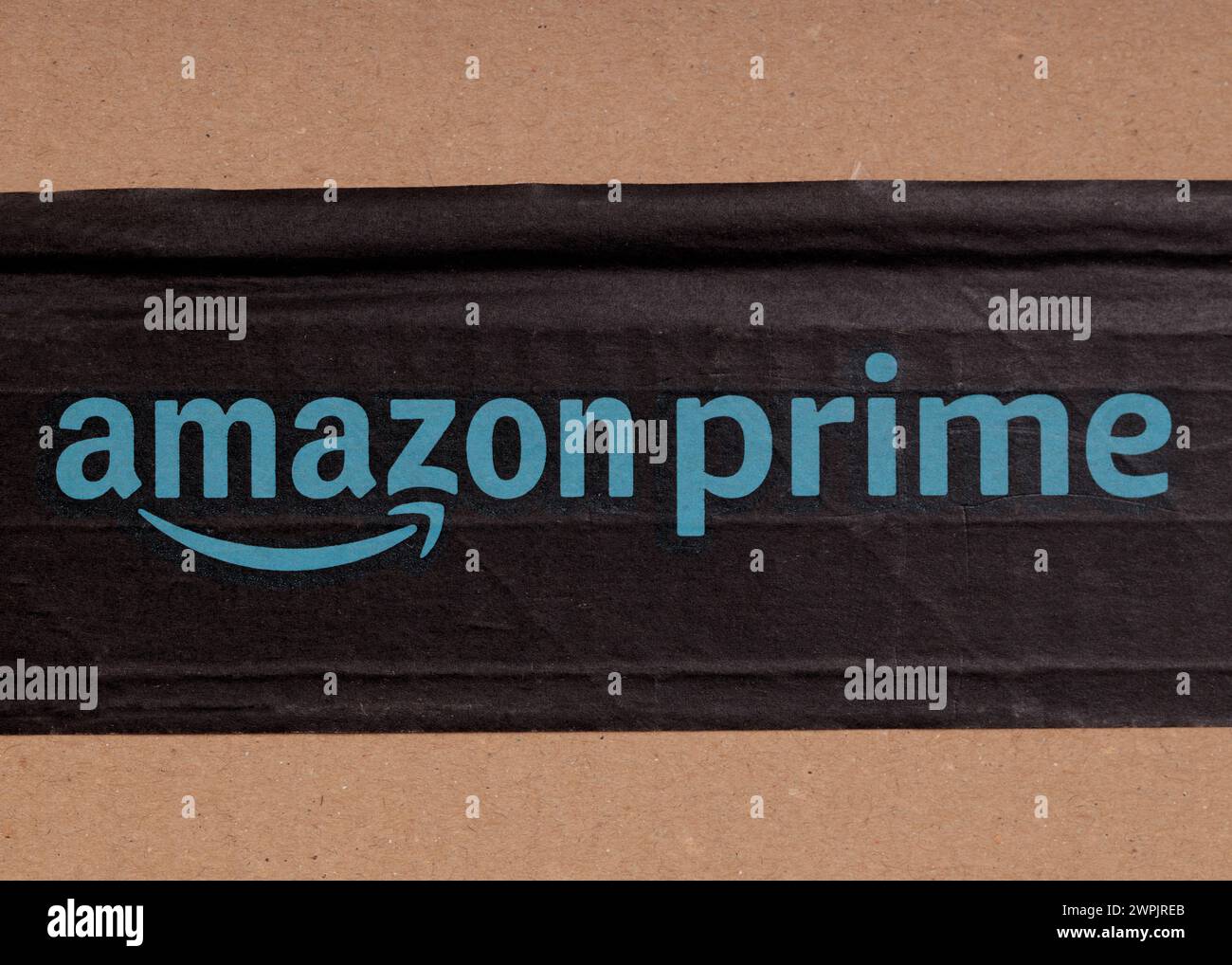 Leszno, Poland. 03 March 2024: Amazon Prime Logo on Cardboard Stock Photo