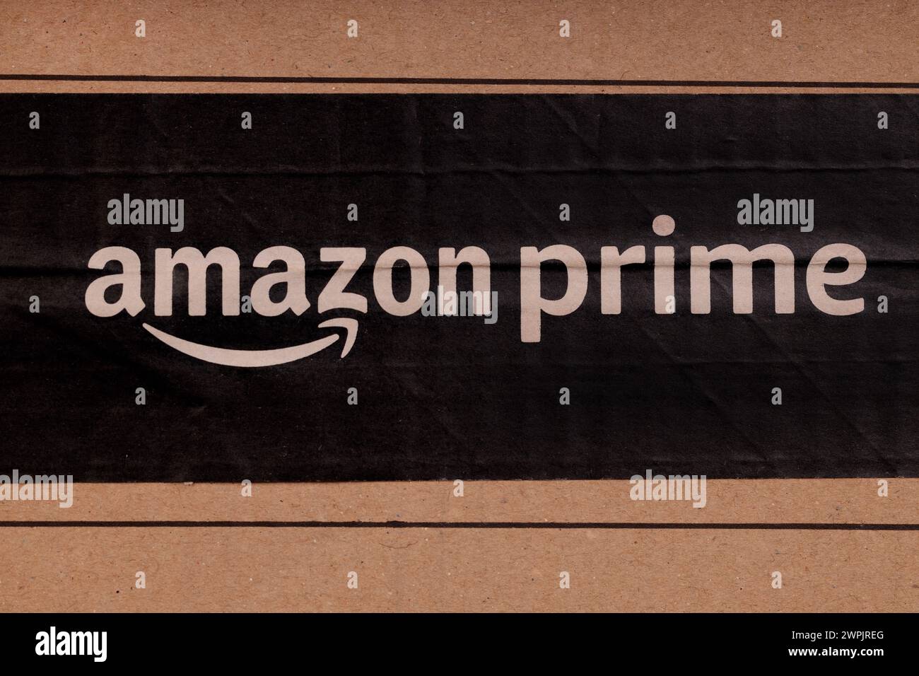 Leszno, Poland. 03 March 2024: Amazon Prime Logo on Cardboard Stock Photo