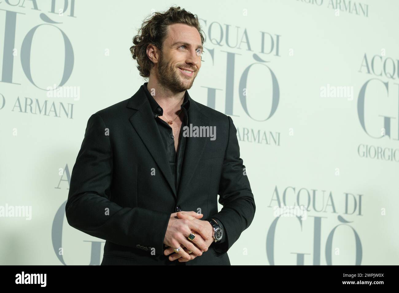 Aaron Taylor Johnson attends the Madrid photocall for 'ACQUA DI GIO' By Giorgio Armani at Matadero Madrid on March 07, 2024 in Madrid, Spain. Stock Photo