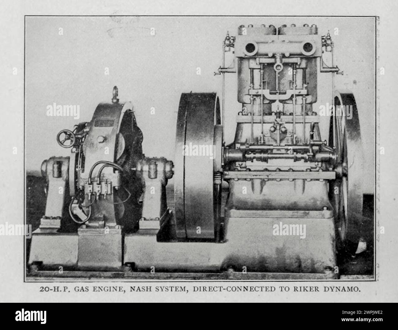 20-H.P. Gas Engine Nash system, direct-connected to Riker dynamo from the Article THE GAS ENGINE IN AMERICAN PRACTICE. By George Richmond from The Engineering Magazine Devoted to Industrial Progress Volume XV 1898 The Engineering Magazine Co Stock Photo