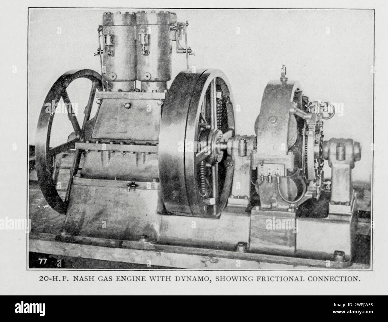 20-H.P. Nash system, Gas Engine with dynamo, showing frictional connection  from the Article THE GAS ENGINE IN AMERICAN PRACTICE. By George Richmond from The Engineering Magazine Devoted to Industrial Progress Volume XV 1898 The Engineering Magazine Co Stock Photo