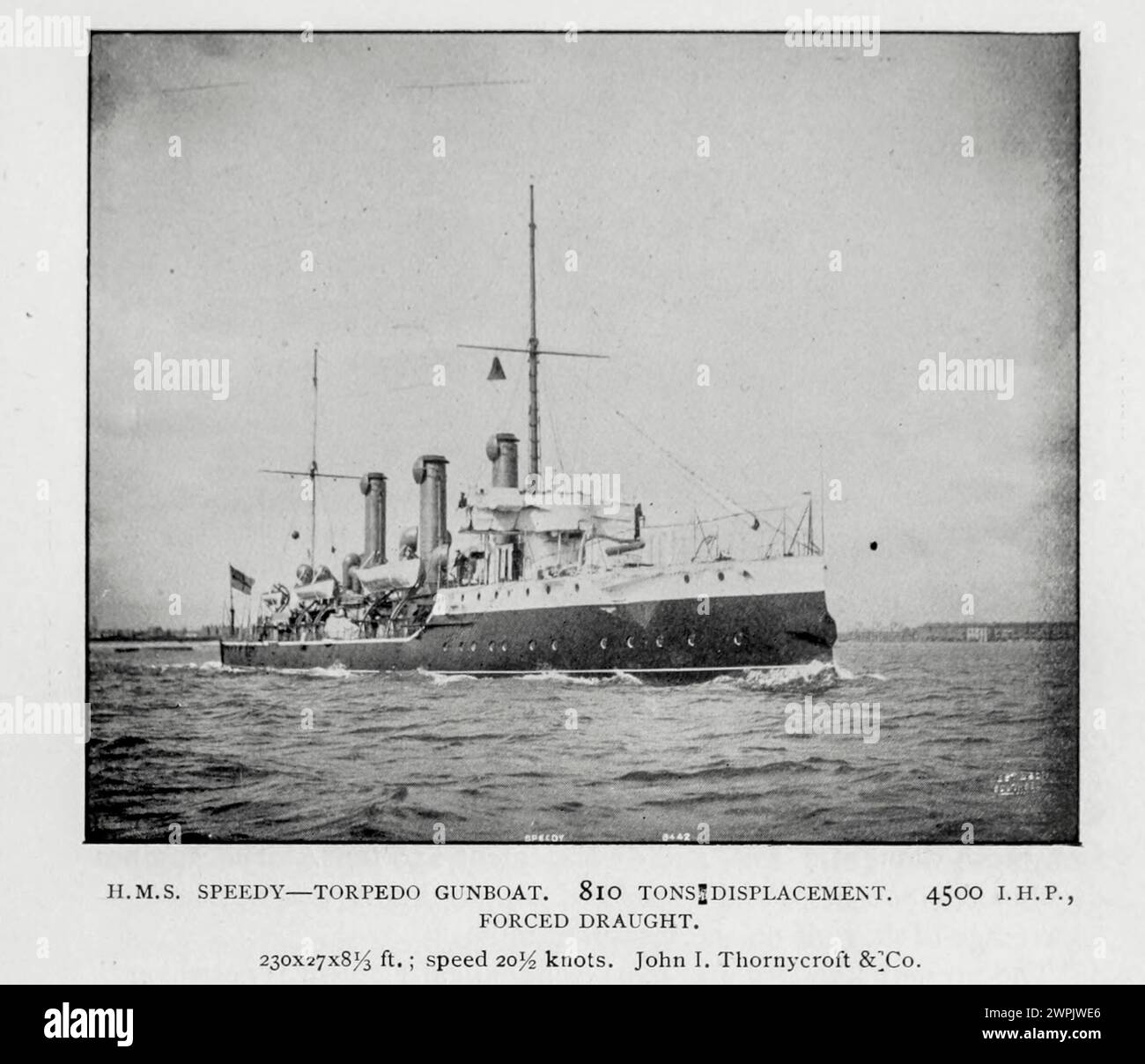 H.M.S. SPEEDY - TORPEDO GUNBOAT. 81O TONS DlSPLACEMENT. 45OO I.H.P., FORCED DRAUGHT. 230x27x8 ft. ; speed 20.5 knots. John I, Thornycroft & Co. from the Article THE DEVELOPMENT OF THE TORPEDO-BOAT DESTROYER.By John Platt. from The Engineering Magazine Devoted to Industrial Progress Volume XV 1898 The Engineering Magazine Co Stock Photo