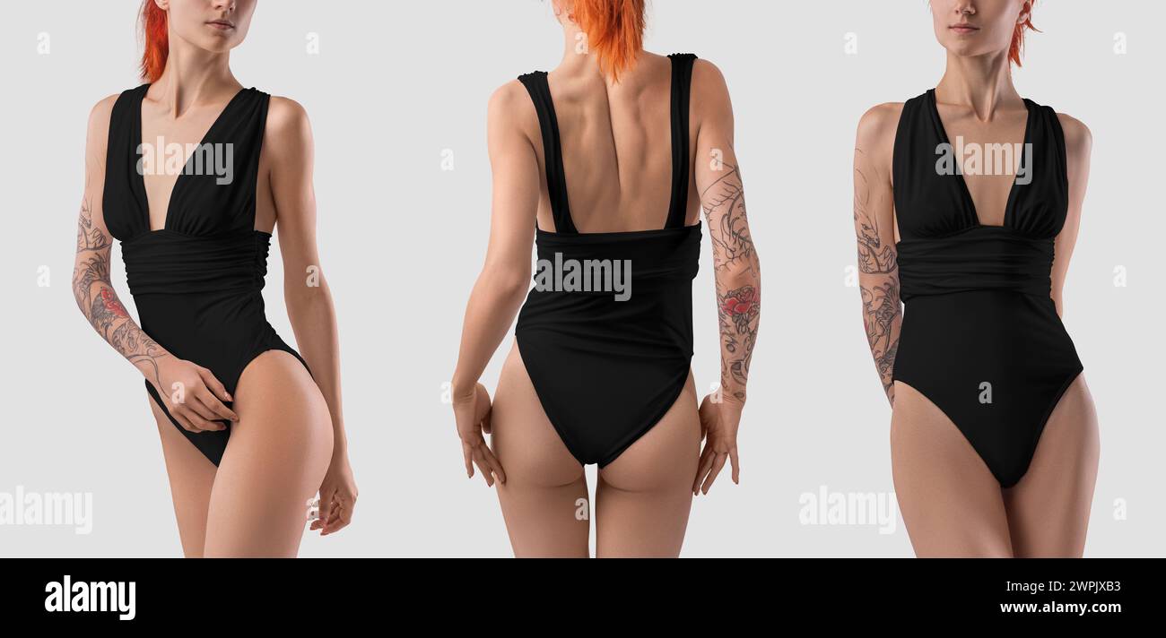 Black beach swimsuit mockup on slim model with tattoo, fashion monokini set for design, branding, pattern, front, back view. Swimwear template with ne Stock Photo