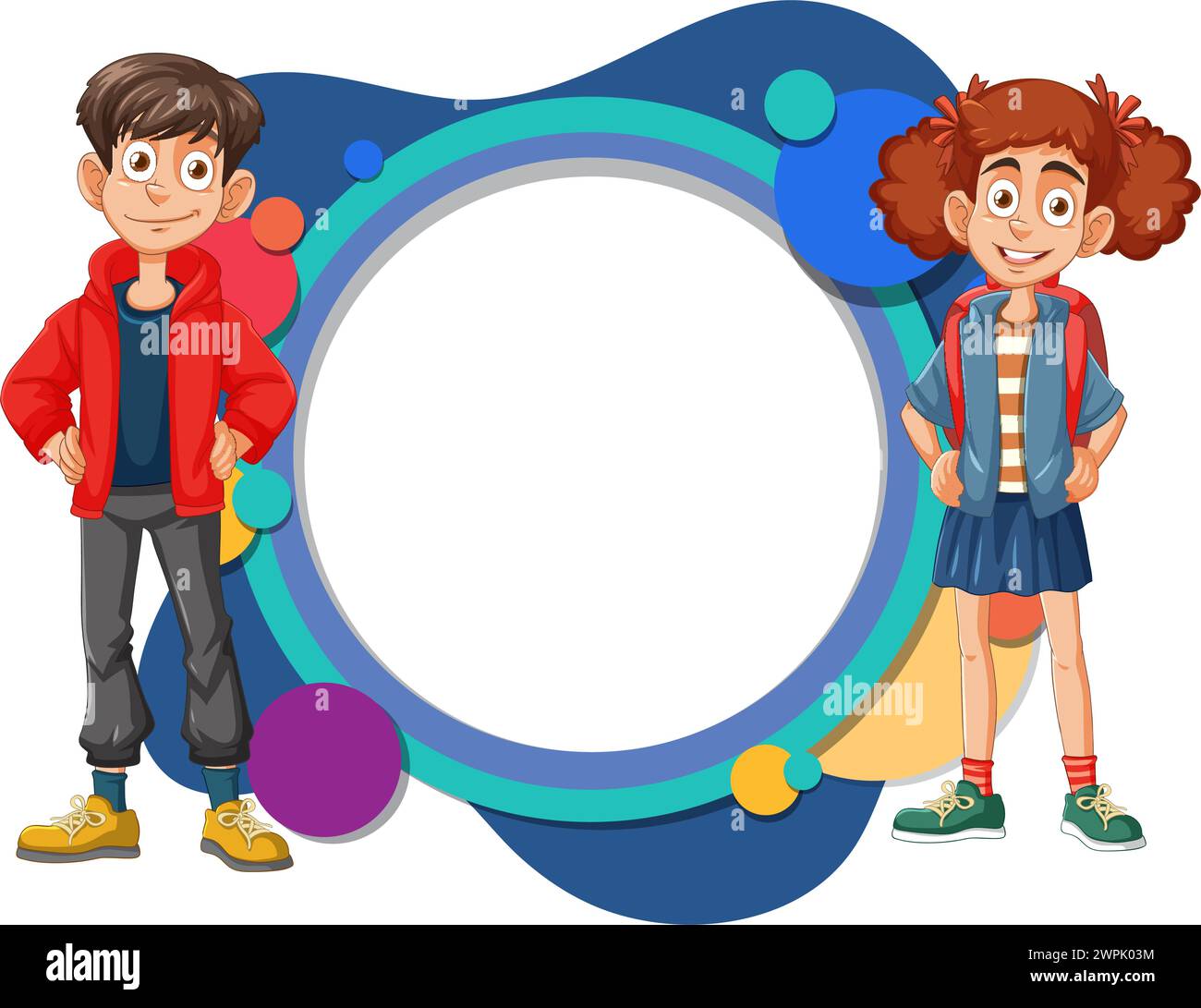 Two cheerful children standing beside a colorful frame Stock Vector ...