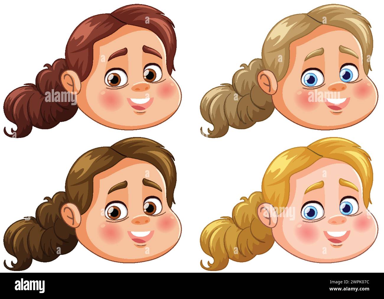 Four smiling cartoon faces of different girls. Stock Vector