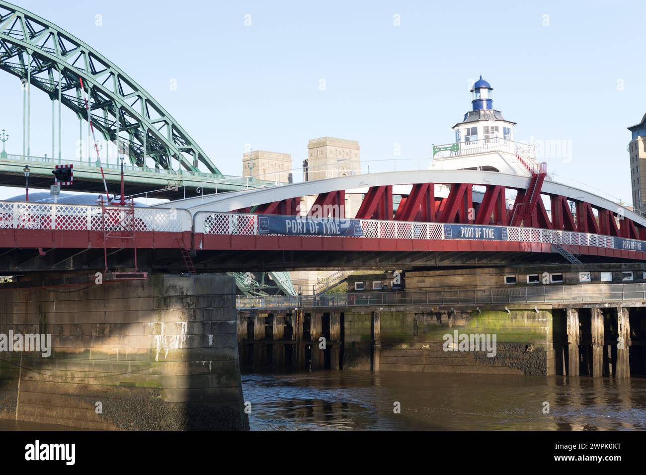 UK, Newcastle upon Tyne, the swing bridge on Bridge Street with the old Tyne bridge. Stock Photo