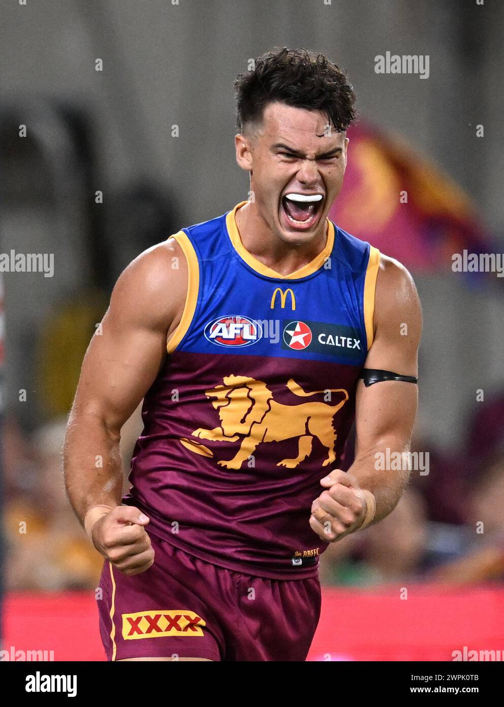 Brisbane, Australia. 08th Mar, 2024. Cam Rayner of the Lions celebrates kicking a goal during