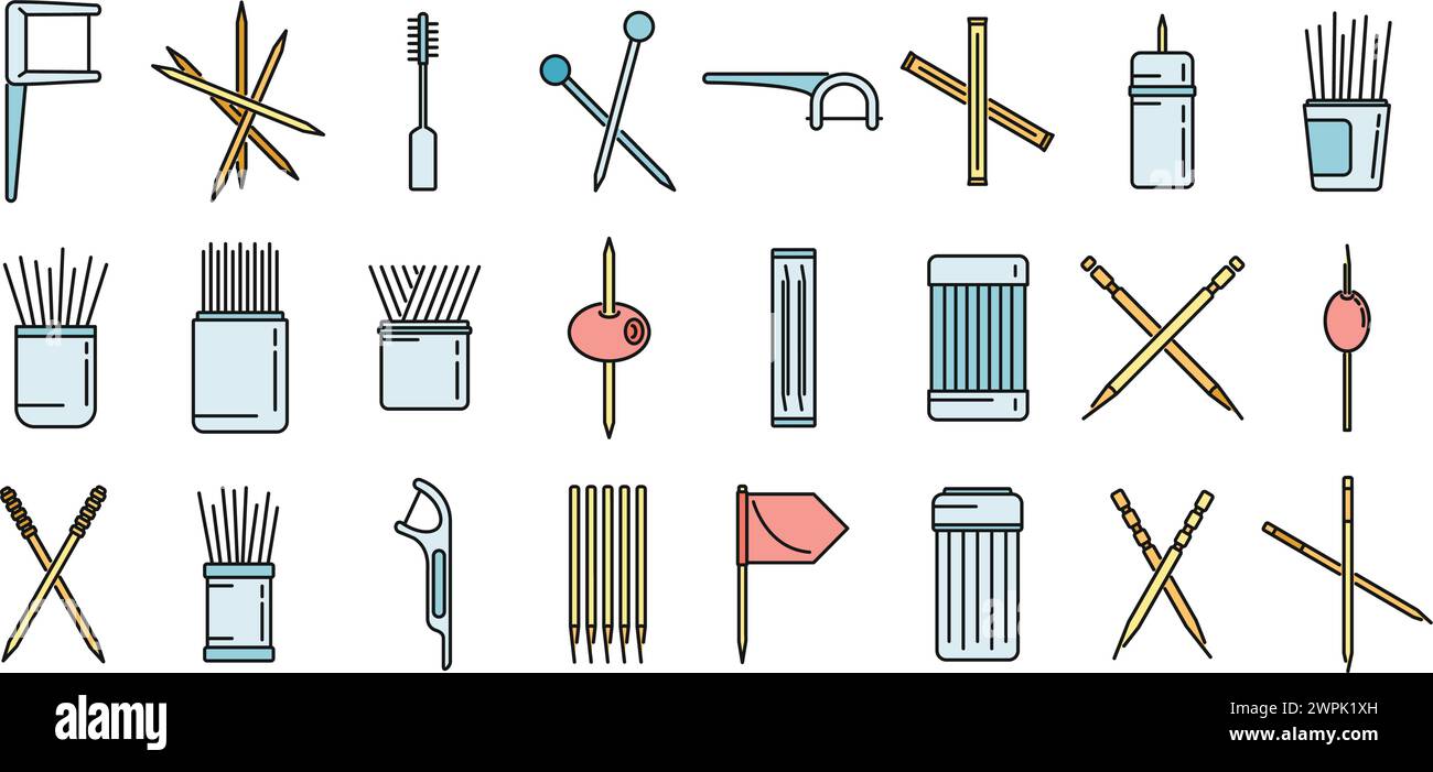 Toothpick icons set outline vector. Clean accessory. Dental toothpick ...