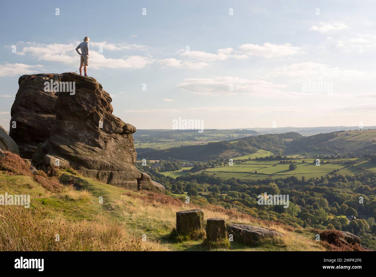 UK, Derbyshire, figure on the cliffs at Froggatt Edge. Stock Photo