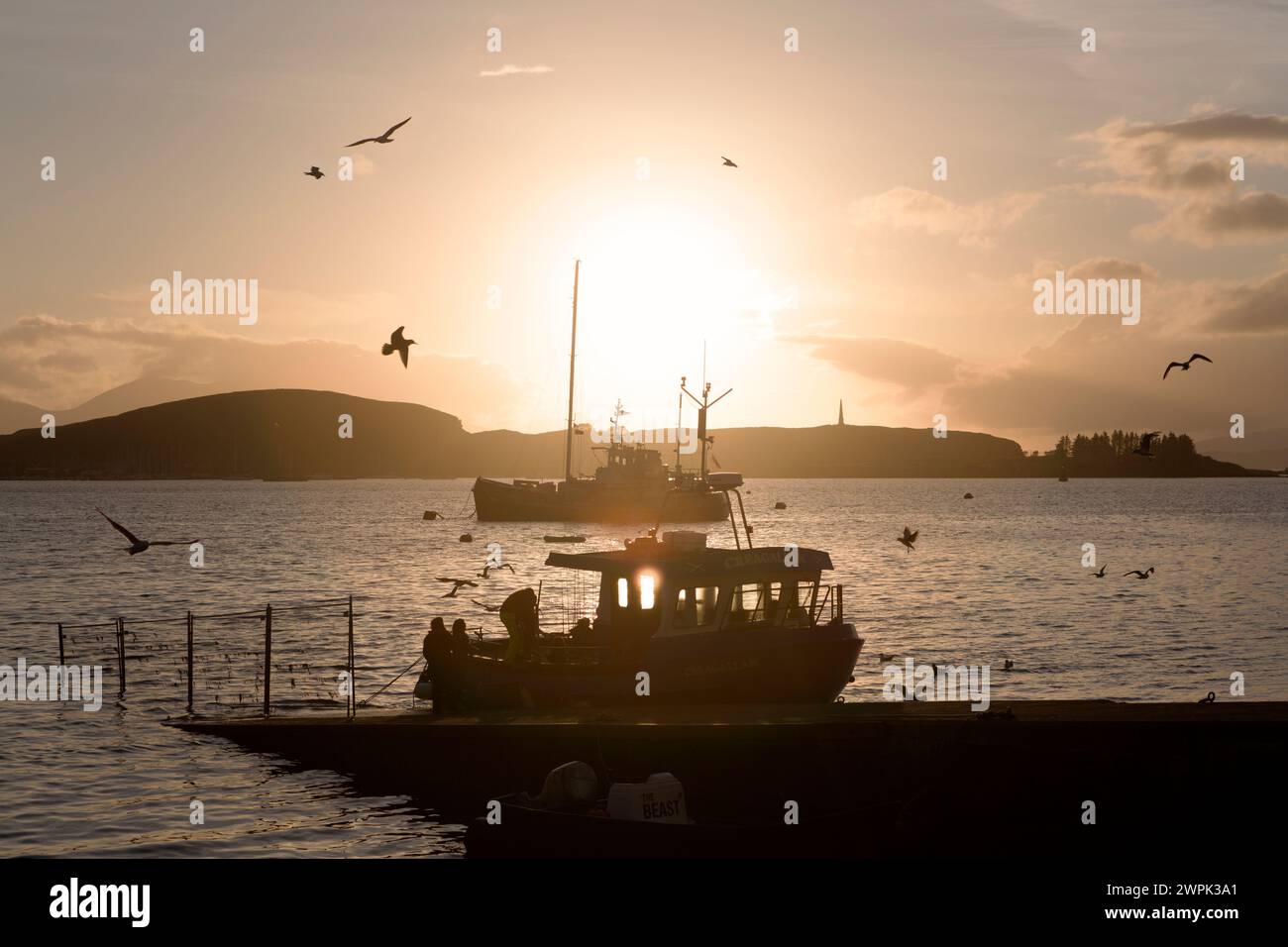 UK, Scotland, Oban, sunset over the harbour. Stock Photo