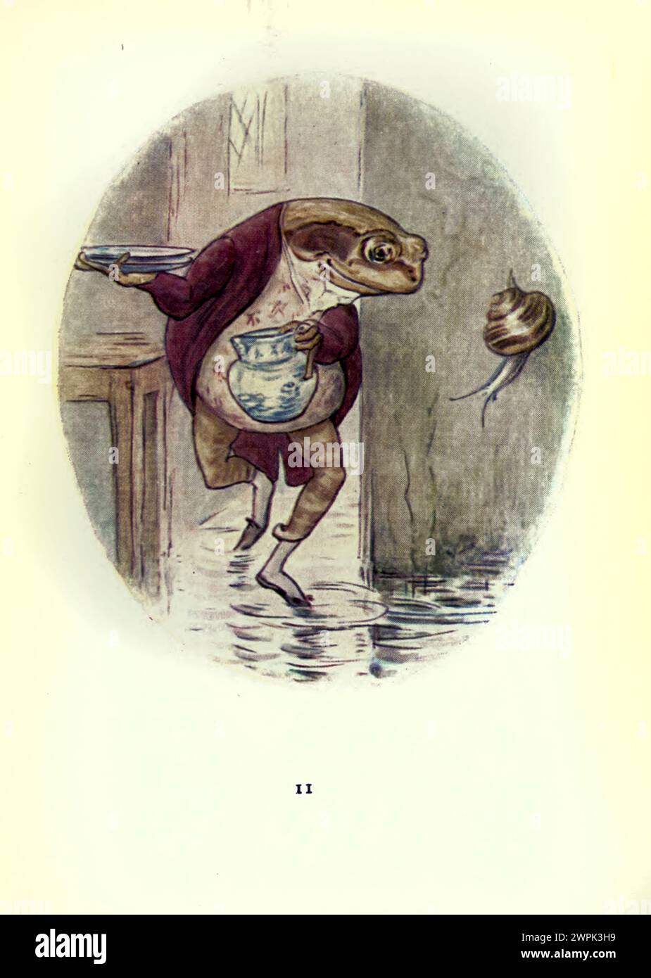 The tale of Mr. Jeremy Fisher by Beatrix Potter, The Tale of Mr. Jeremy Fisher is a children's book, written and illustrated by Beatrix Potter. It was published by Frederick Warne & Co. in July 1906. Jeremy Fisher is a frog that lives in a 'slippy-sloppy' house at the edge of a pond. During one rainy day, he collects worms for fishing and sets off across the pond on his lily-pad boat. He plans to invite his friends for dinner if he catches more than five minnows. He encounters all sorts of setbacks to his goal, and escapes a large trout who tries to swallow him. He swims for shore, decides he Stock Photo