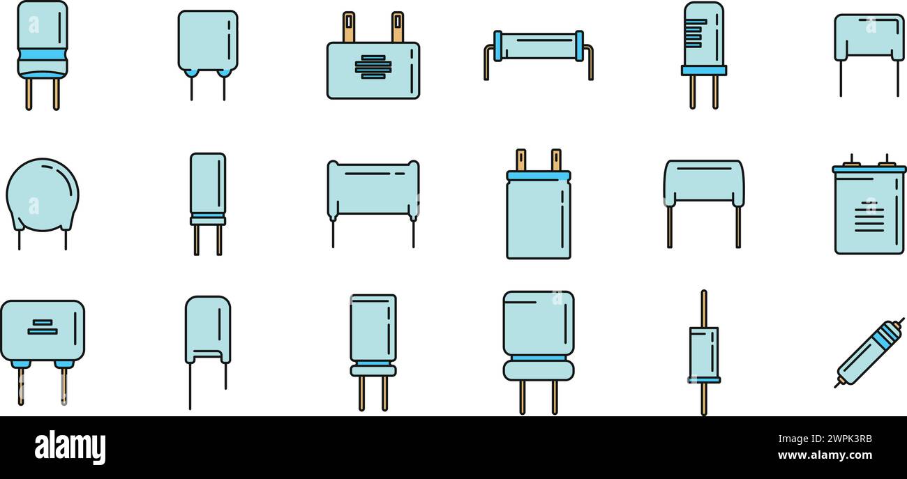 Capacitor icons set outline vector. Polyester ceramic capacitor. Bipolar condeser color line isolated Stock Vector