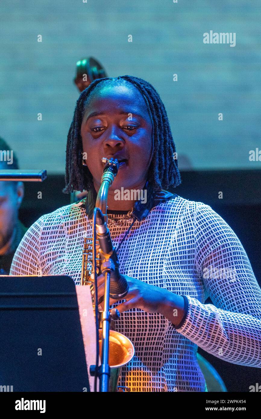 London, UK. Thursday, 7 March, 2024. Cassie Kinoshi, saxophonist and bandleader, performing at the Barbican with her group SEED Ensemble (nominated for a Mercury Prize award in 2019). Photo: Richard Gray/Alamy Live News Stock Photo