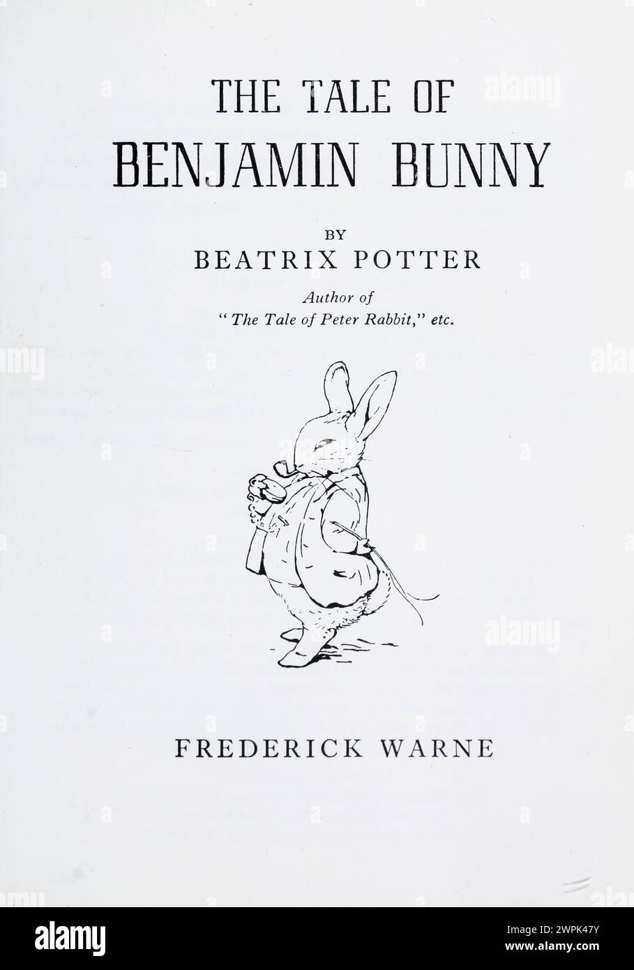 title page The Tale of Benjamin Bunny is a children's book written and illustrated by Beatrix Potter, and first published by Frederick Warne & Co. in September 1904. The book is a sequel to The Tale of Peter Rabbit (1902), and tells of Peter's return to Mr. McGregor's garden with his cousin Benjamin to retrieve the clothes he lost there during his previous adventure. Stock Photo