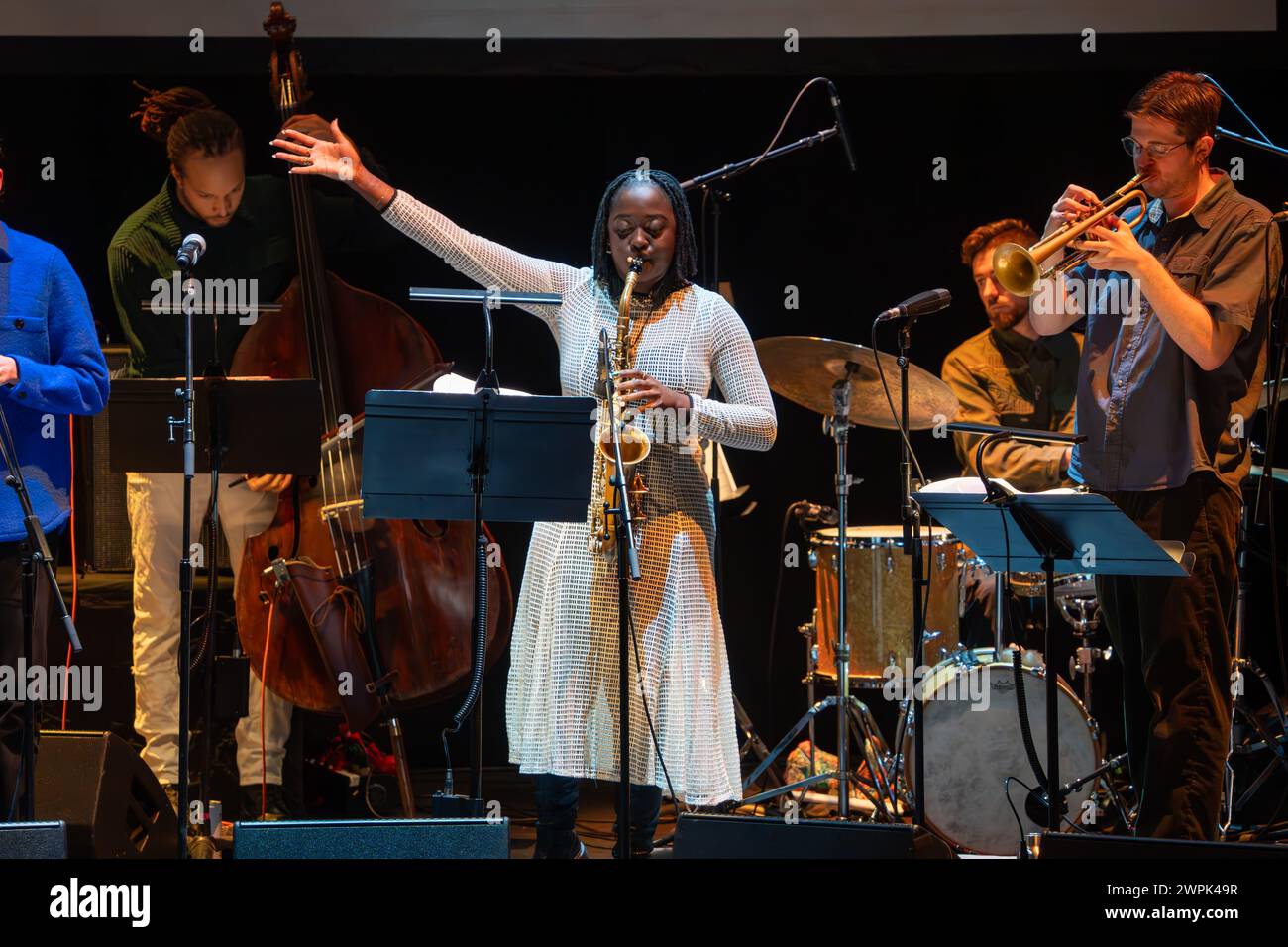 London, UK. Thursday, 7 March, 2024. Cassie Kinoshi, saxophonist and bandleader, performing at the Barbican with her group SEED Ensemble (nominated for a Mercury Prize award in 2019). Photo: Richard Gray/Alamy Live News Stock Photo