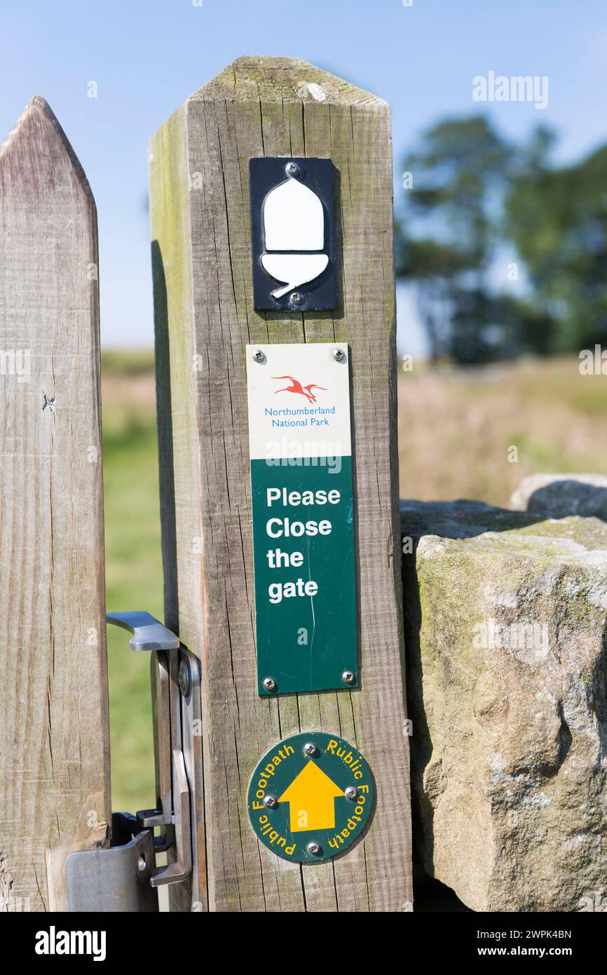 UK, walkers signage for the Pennine Way near Housesteads, Hadrians Wall. Stock Photo