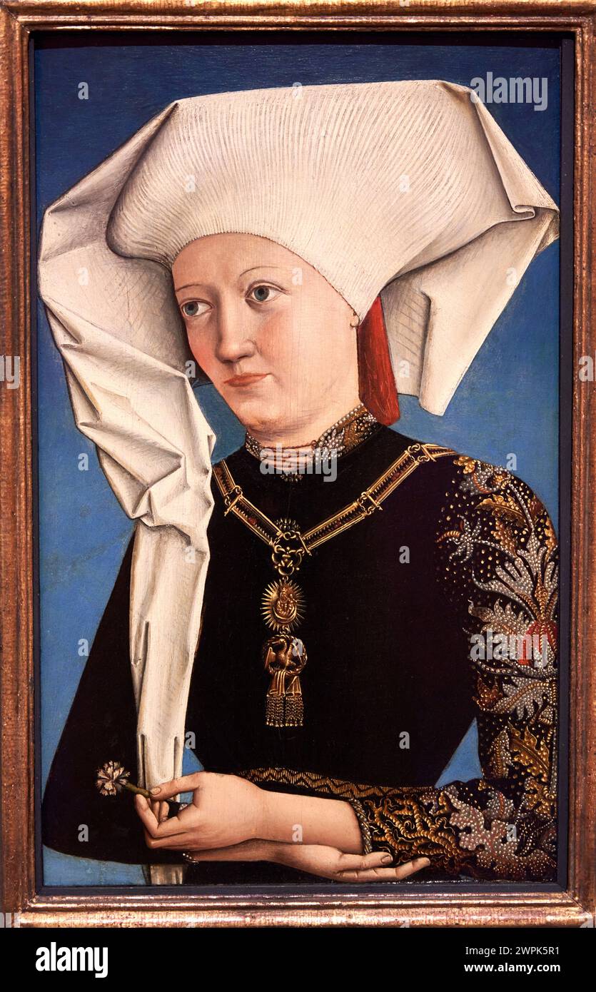 Anónimo alemán (Activo en la corte de Ansbach (?), hacia 1490), Portrait of a Lady wearing the Order of the Swan, Hacia 1490 Stock Photo