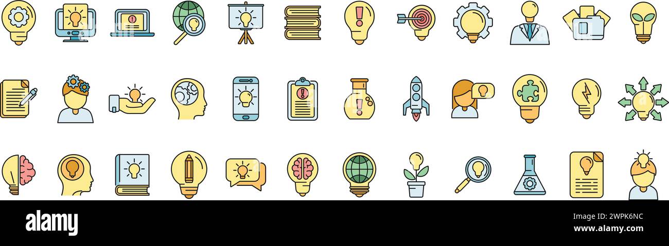 Idea icons set outline vector. Light bulb. Business solution color line ...
