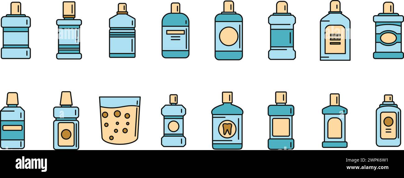 Tooth rinse icons set outline vector. Fresh breath. Liquid bottle color ...