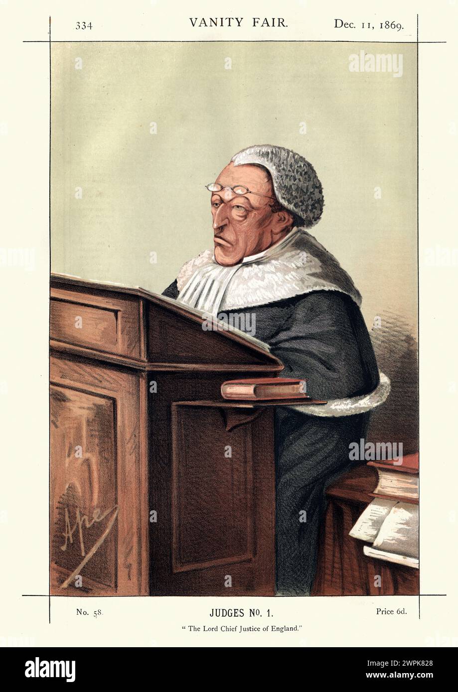 Vintage engraving of Sir Alexander Cockburn, 12th Baronet.The Lord Chief Justice of England.  From Vanity Fair1869.  Chromolithograph. A Scottish juri Stock Photo