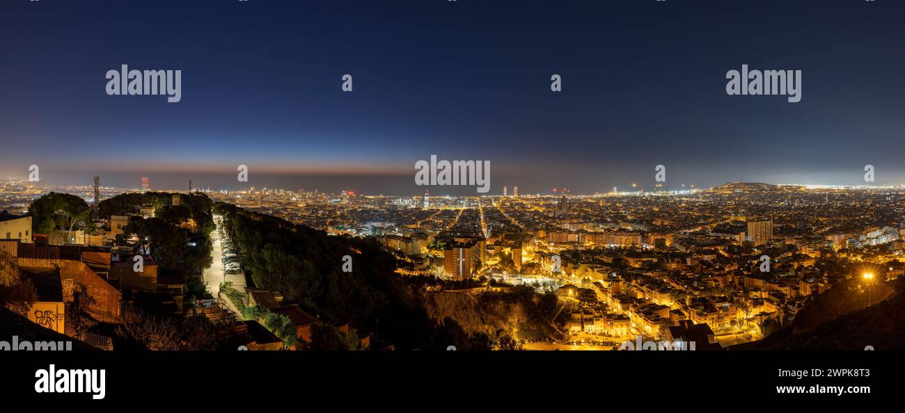 Panorama of Barcelona in Spain at night Stock Photo