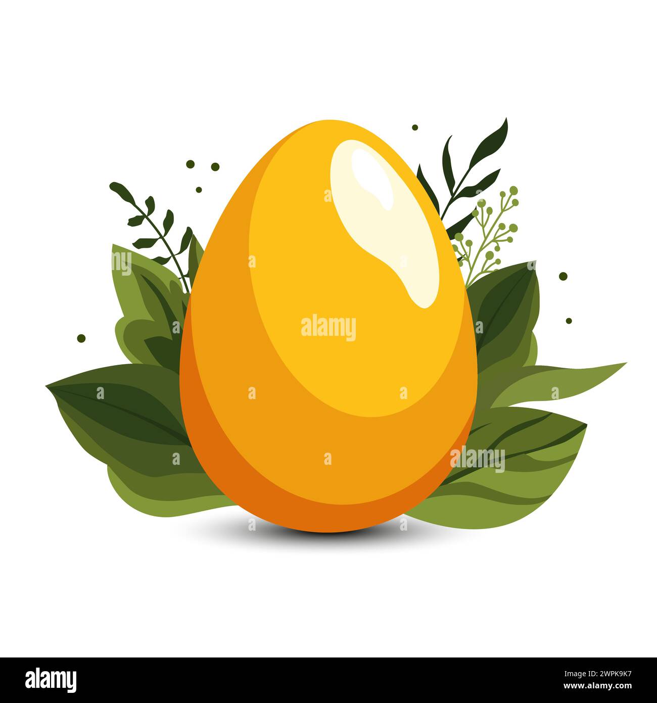 Yellow Easter egg with green leaves and branches on background ...