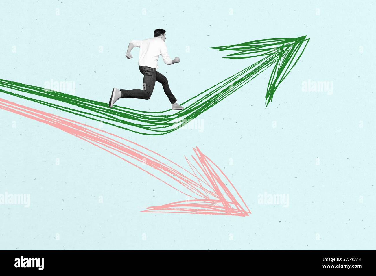 Creative photo collage young running man go upwards reach target goal ...