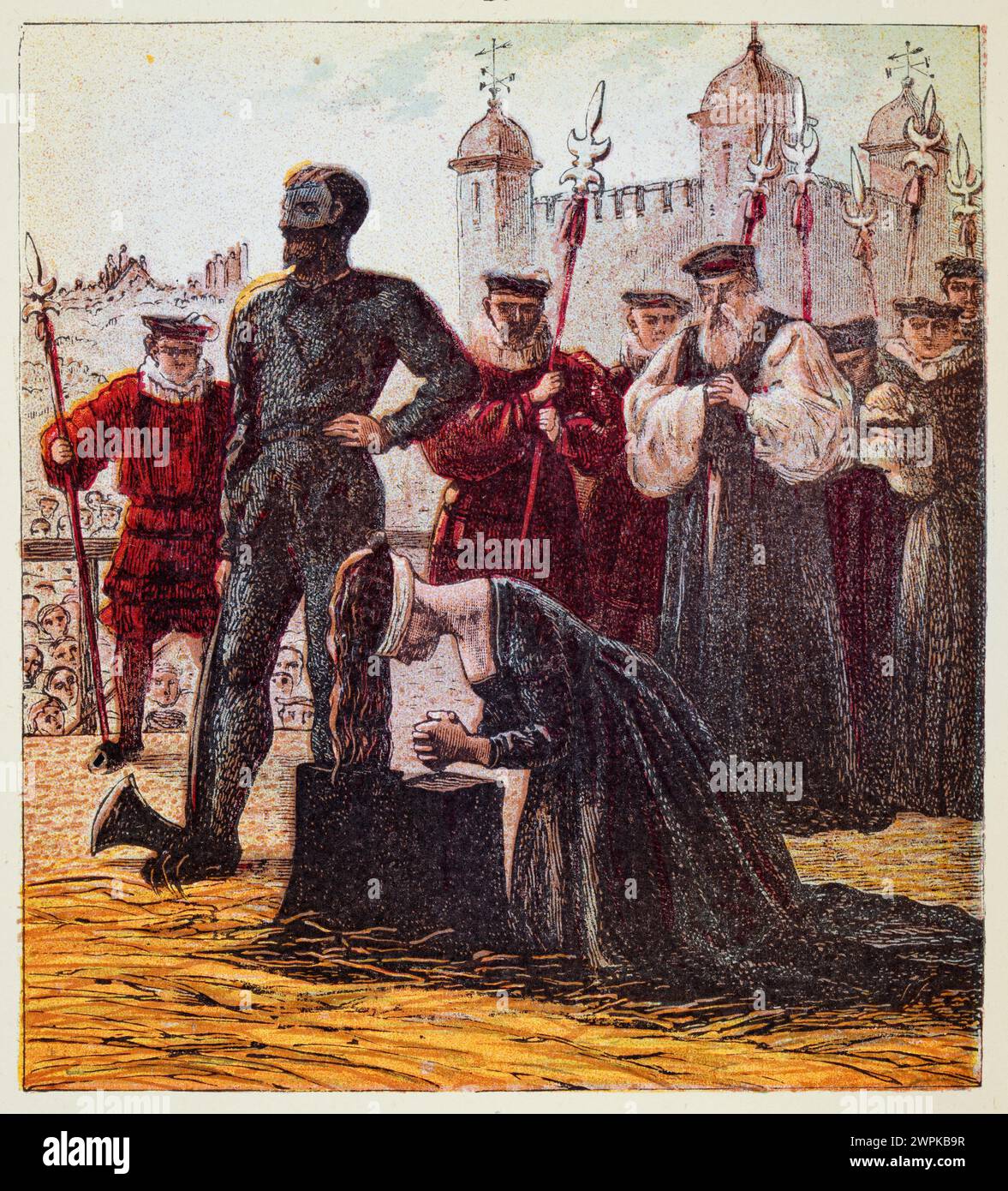 Vintage illustration of Execution of Lady Jane Grey the Nine Days' Queen, Tudor, English History. An English noblewoman who claimed the throne of Engl Stock Photo