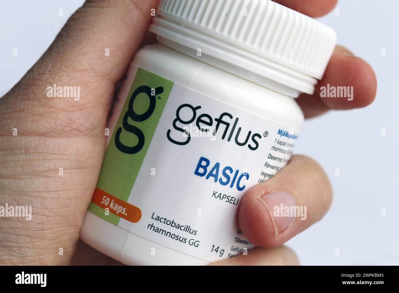 Espoo, Finland - April 2020: Gefilus Basic lactobacillus capsules. Over the counter pharmaceutical product to support gastrointestinal track function. Stock Photo
